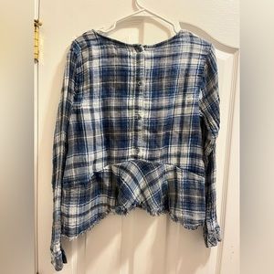 Cloth and Stone Blue Plaid Button Down Peplum Top
